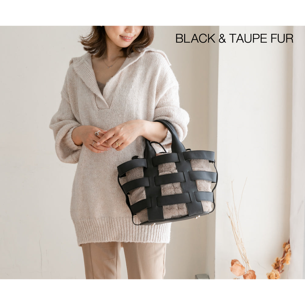 【La Closet】Lisbon リスボン 【ポーチ2個付き】革かごバッグ キャンバス ファー 巾着ポーチ レオパード 豹柄 ファーバッグ ボア もこもこ バッグ 軽量 大人 おしゃれ 通勤バッグ 通学 春夏 秋冬 99-3002