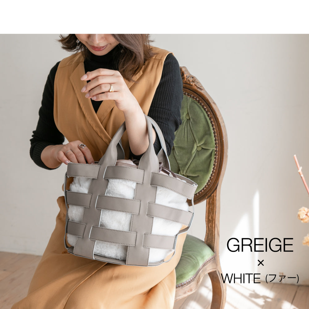 【La Closet】Lisbon リスボン 【ポーチ2個付き】革かごバッグ キャンバス ファー 巾着ポーチ レオパード 豹柄 ファーバッグ ボア もこもこ バッグ 軽量 大人 おしゃれ 通勤バッグ 通学 春夏 秋冬 99-3002