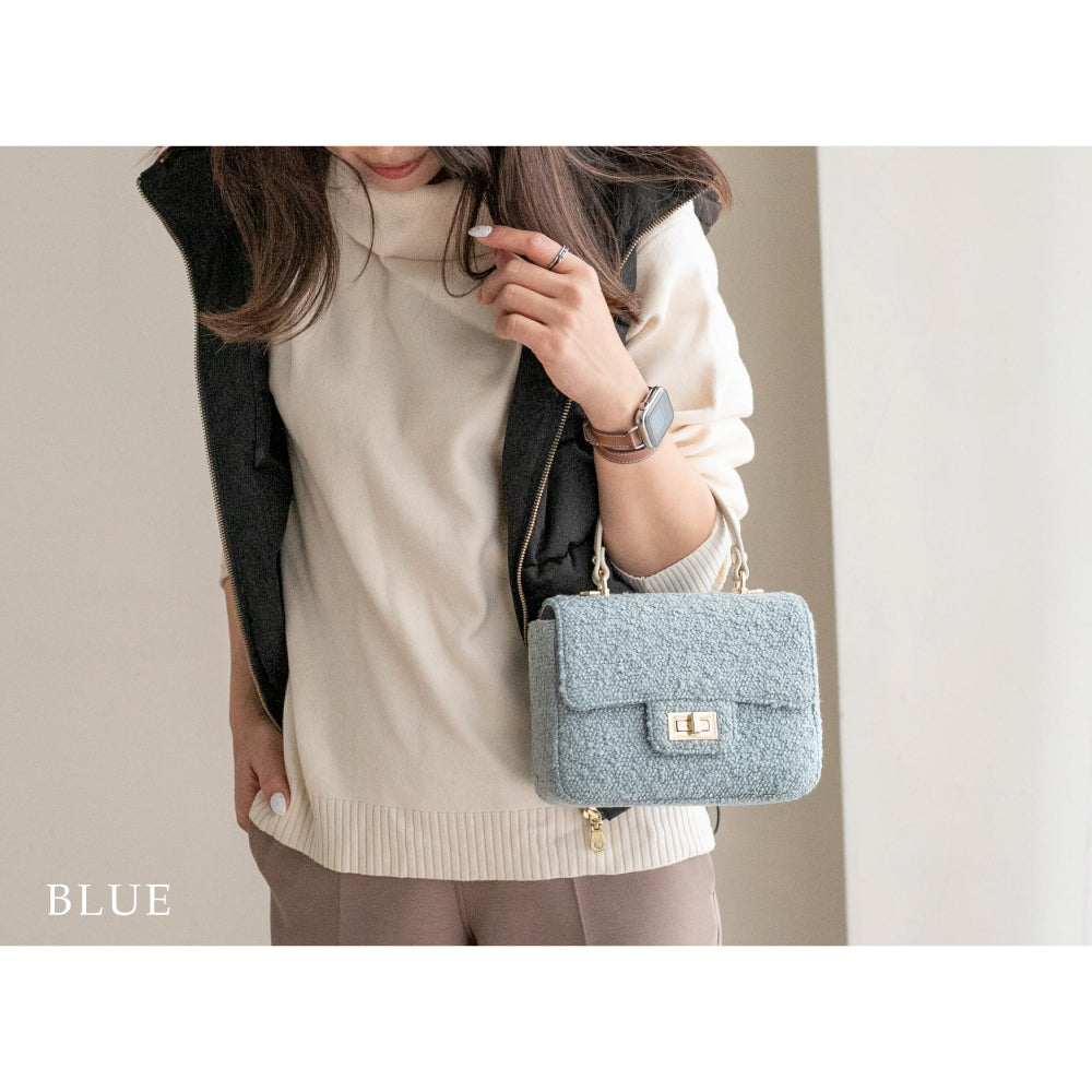 【La Closet】2way ツイードバッグ 本革 ハンドル チェーンバッグ ツイード バッグ 黒 ショルダーバッグ オケージョン フォーマル レディース ハンドバッグ 牛革 斜めがけ 秋冬バッグ ギフト ブランド 99-3011 Horn