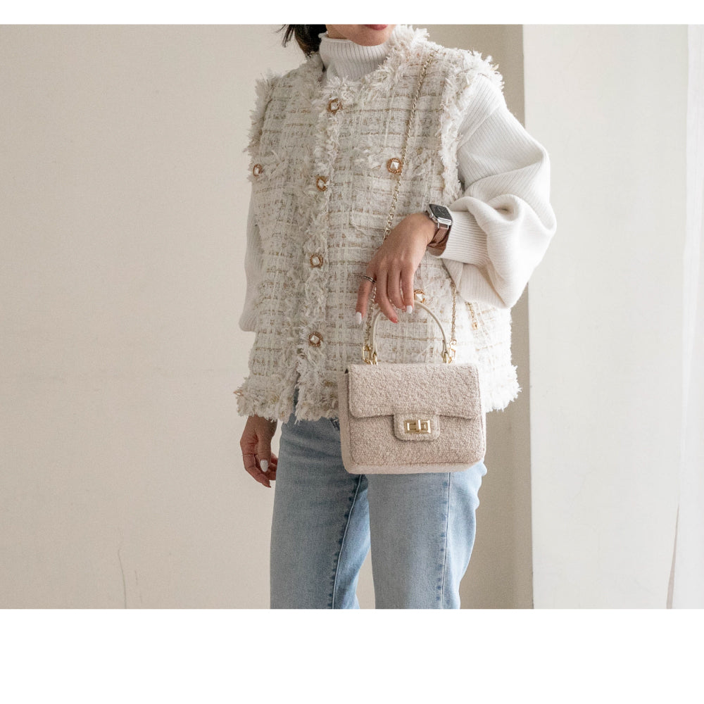 【La Closet】2way ツイードバッグ 本革 ハンドル チェーンバッグ ツイード バッグ 黒 ショルダーバッグ オケージョン フォーマル レディース ハンドバッグ 牛革 斜めがけ 秋冬バッグ ギフト ブランド 99-3011 Horn