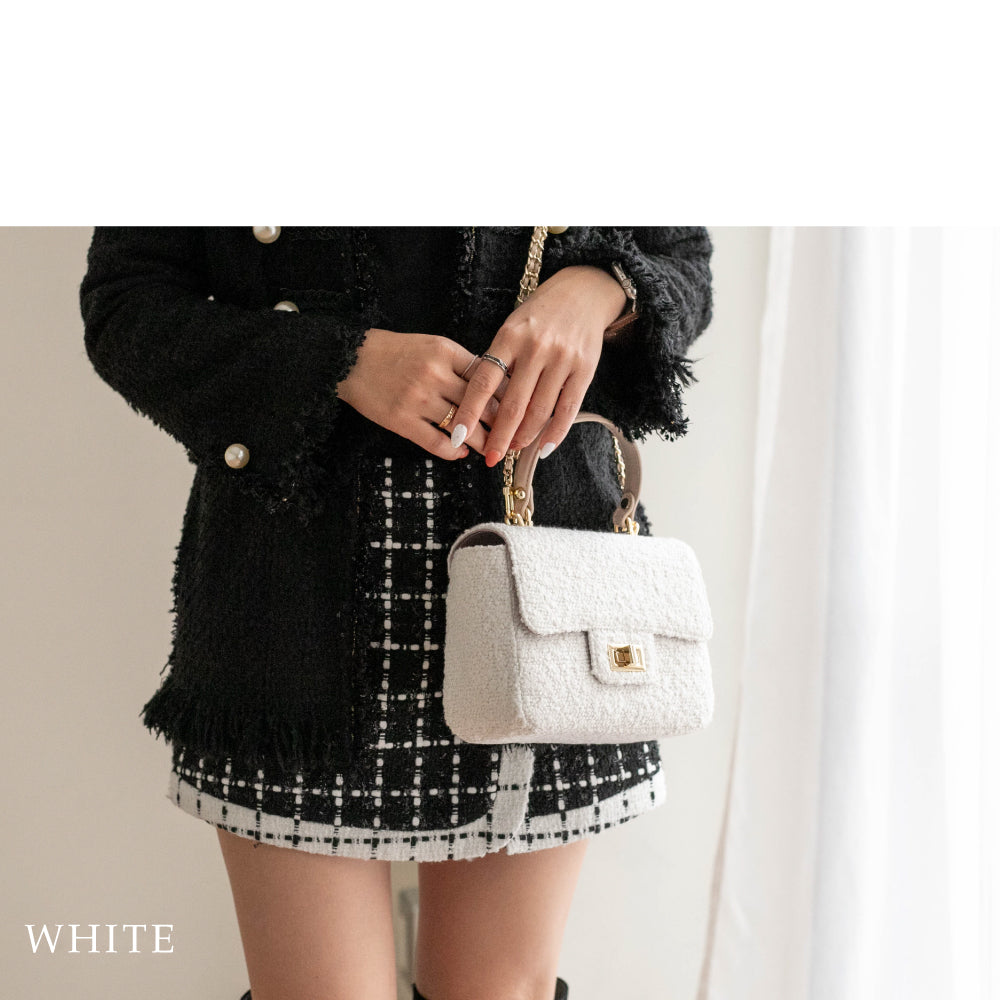 【La Closet】2way ツイードバッグ 本革 ハンドル チェーンバッグ ツイード バッグ 黒 ショルダーバッグ オケージョン フォーマル レディース ハンドバッグ 牛革 斜めがけ 秋冬バッグ ギフト ブランド 99-3011 Horn