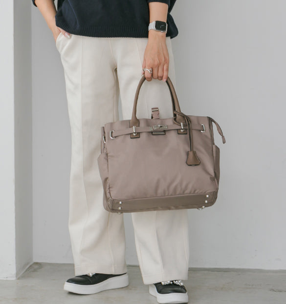 【La Closet】3way ビジネストートバッグ リュックサック キャリーオン 本革ハンドル 軽量 はっ水 ナイロントート 大容量 ビッグトート 通勤バッグ 通勤トート 本革 付属 大人女子 レディース 30代 40代 イマイバッグ Monaco 99-3012
