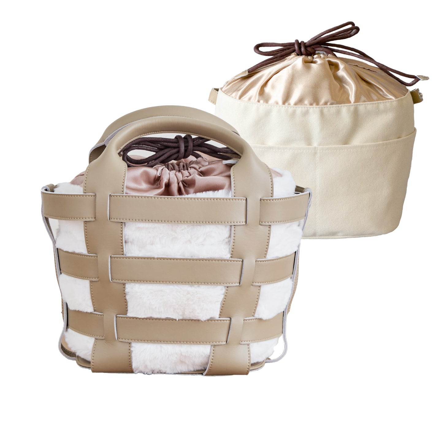 【La Closet】Lisbon リスボン 【ポーチ2個付き】革かごバッグ キャンバス ファー 巾着ポーチ レオパード 豹柄 ファーバッグ ボア もこもこ バッグ 軽量 大人 おしゃれ 通勤バッグ 通学 春夏 秋冬 99-3002