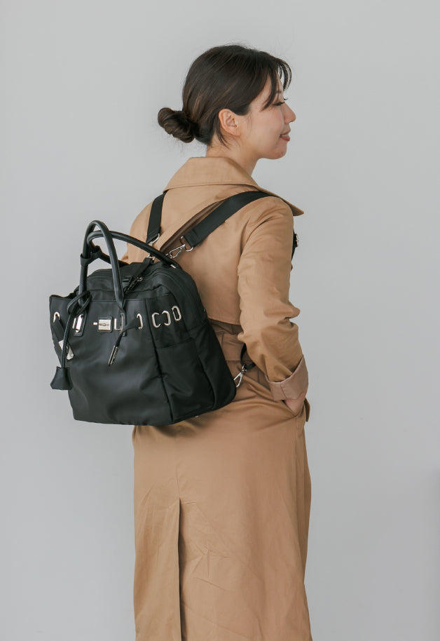 【La Closet】3way ビジネストートバッグ リュックサック キャリーオン 本革ハンドル 軽量 はっ水 ナイロントート 大容量 ビッグトート 通勤バッグ 通勤トート 本革 付属 大人女子 レディース 30代 40代 イマイバッグ Monaco 99-3012