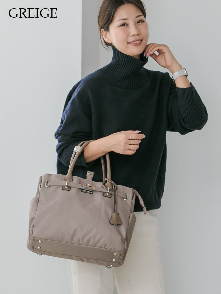 【La Closet】3way ビジネストートバッグ リュックサック キャリーオン 本革ハンドル 軽量 はっ水 ナイロントート 大容量 ビッグトート 通勤バッグ 通勤トート 本革 付属 大人女子 レディース 30代 40代 イマイバッグ Monaco 99-3012