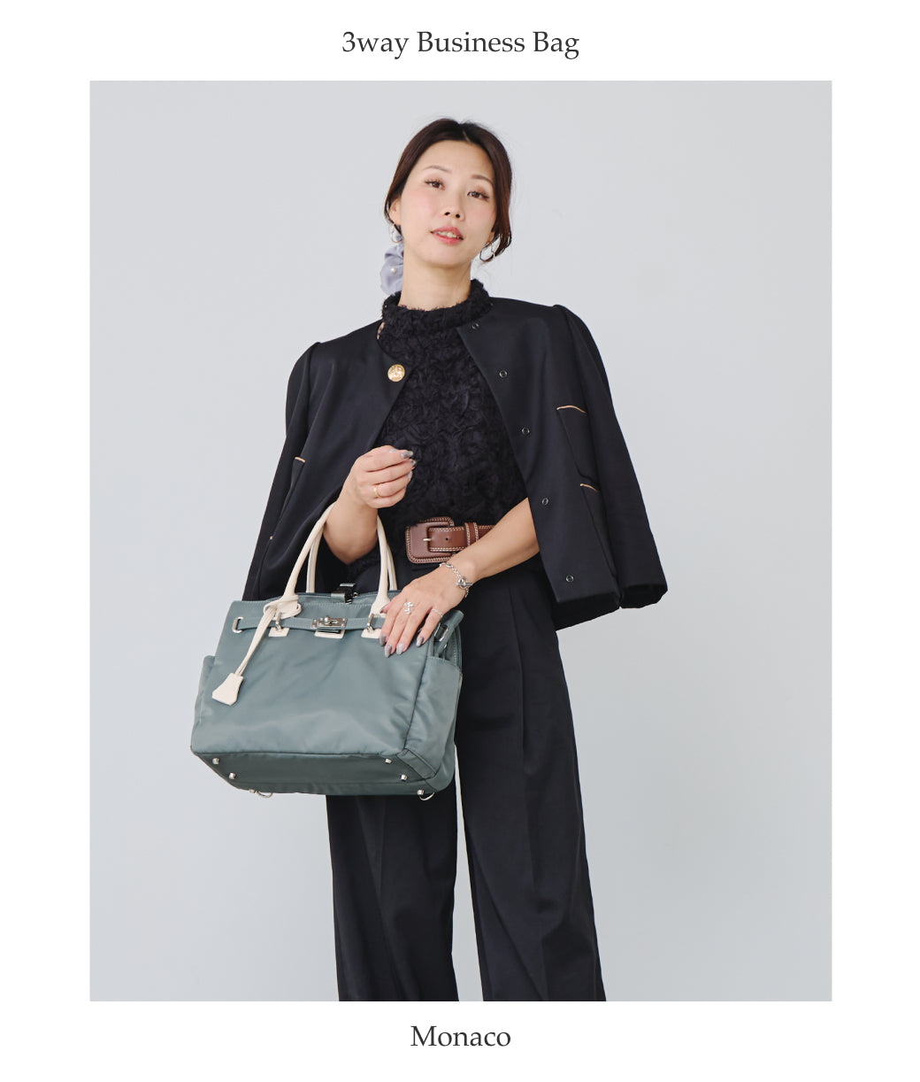 【La Closet】3way ビジネストートバッグ リュックサック キャリーオン 本革ハンドル 軽量 はっ水 ナイロントート 大容量 ビッグトート 通勤バッグ 通勤トート 本革 付属 大人女子 レディース 30代 40代 イマイバッグ Monaco 99-3012