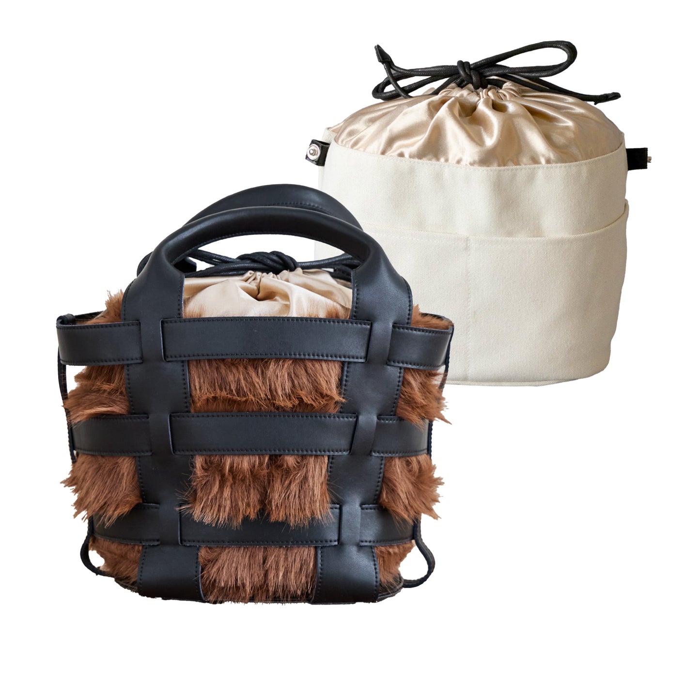 【La Closet】Lisbon リスボン 【ポーチ2個付き】革かごバッグ キャンバス ファー 巾着ポーチ レオパード 豹柄 ファーバッグ ボア もこもこ バッグ 軽量 大人 おしゃれ 通勤バッグ 通学 春夏 秋冬 99-3002